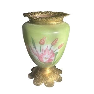 Antique GWTW FC Co Oil Parlor Lamp Bottom Brass Base w/ Pink tulips Floral Décor